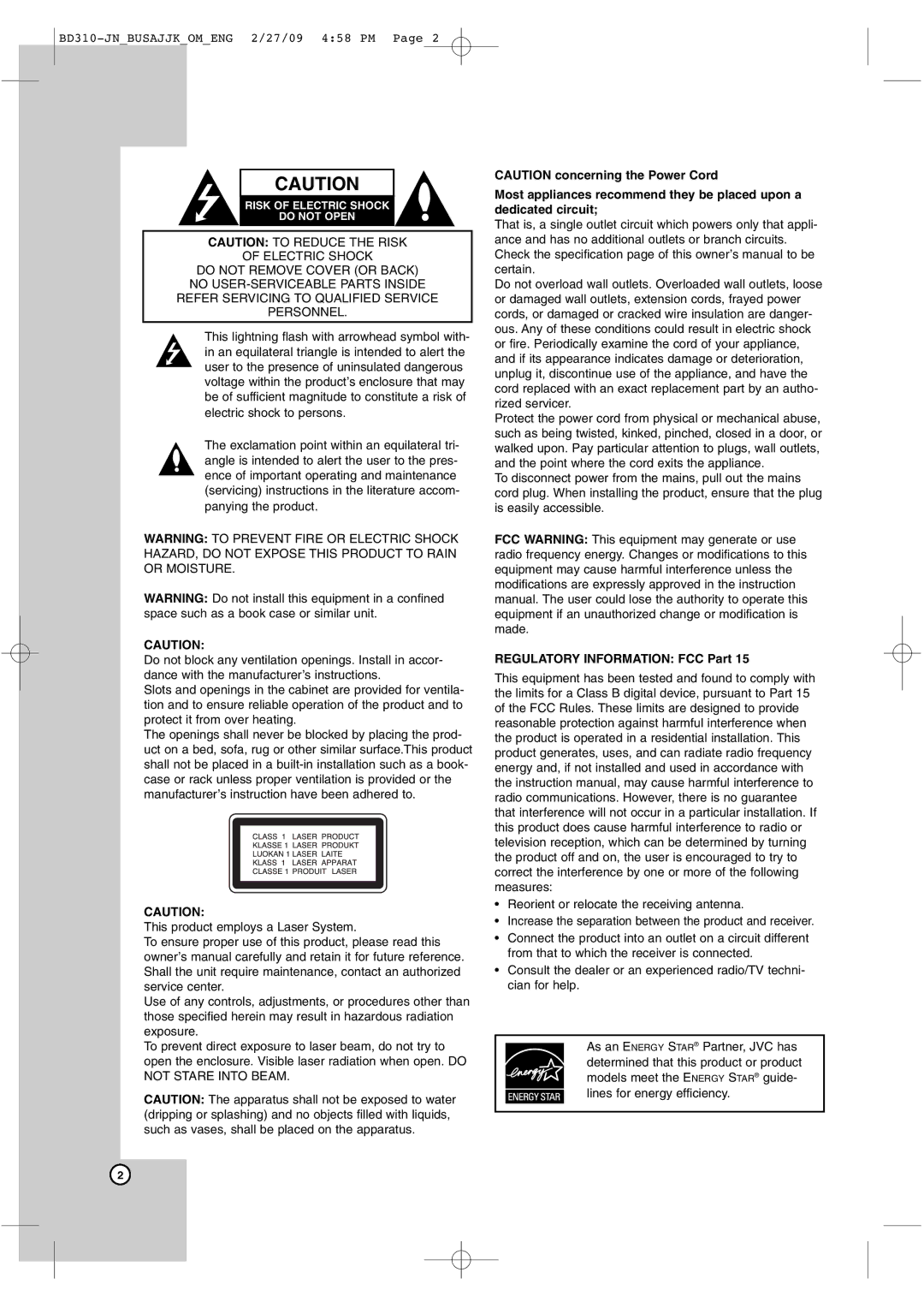 JVC XV-BP1 manual Regulatory Information FCC Part 