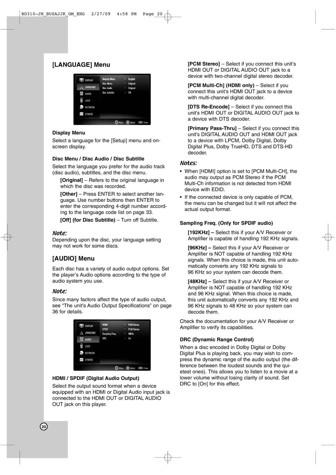 JVC XV-BP1 manual Language Menu, Audio Menu 