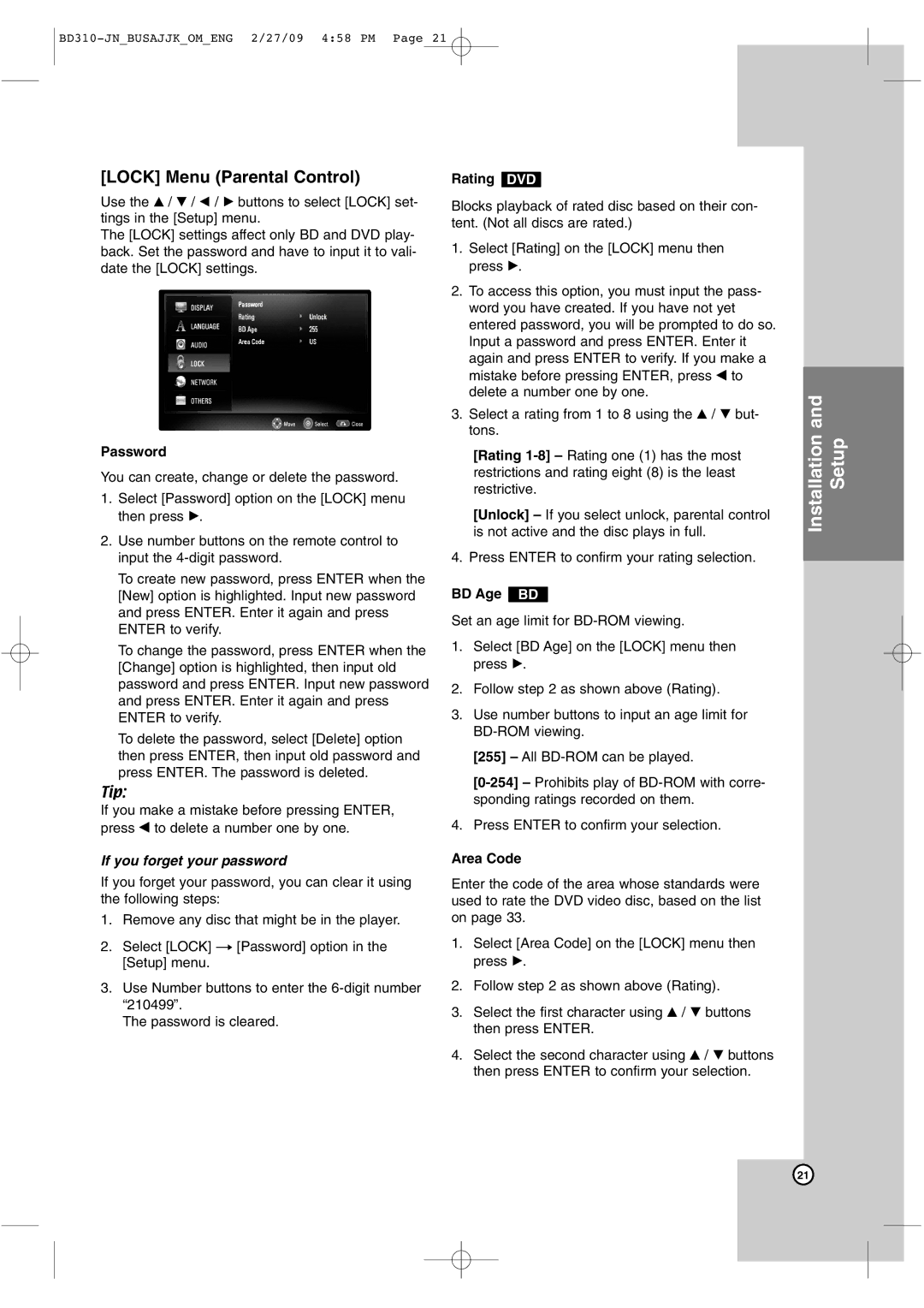 JVC XV-BP1 manual Lock Menu Parental Control, Password, Rating DVD, BD Age BD, Area Code 