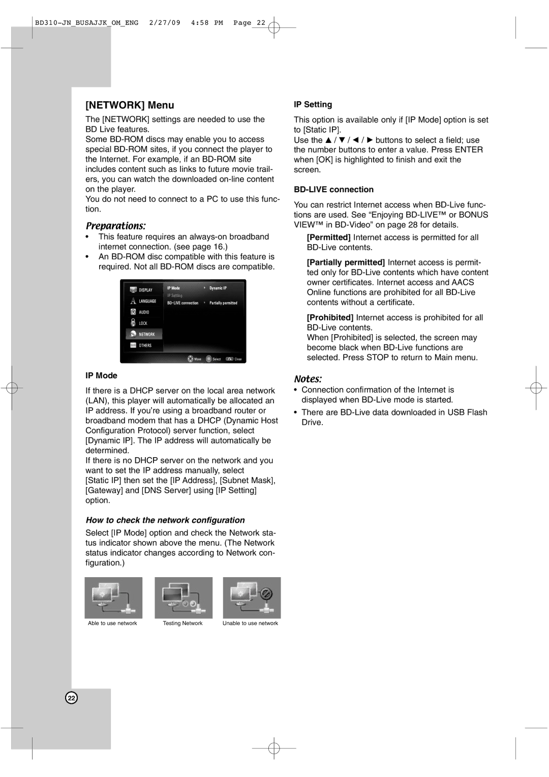 JVC XV-BP1 manual Network Menu, IP Mode, IP Setting, BD-LIVE connection 