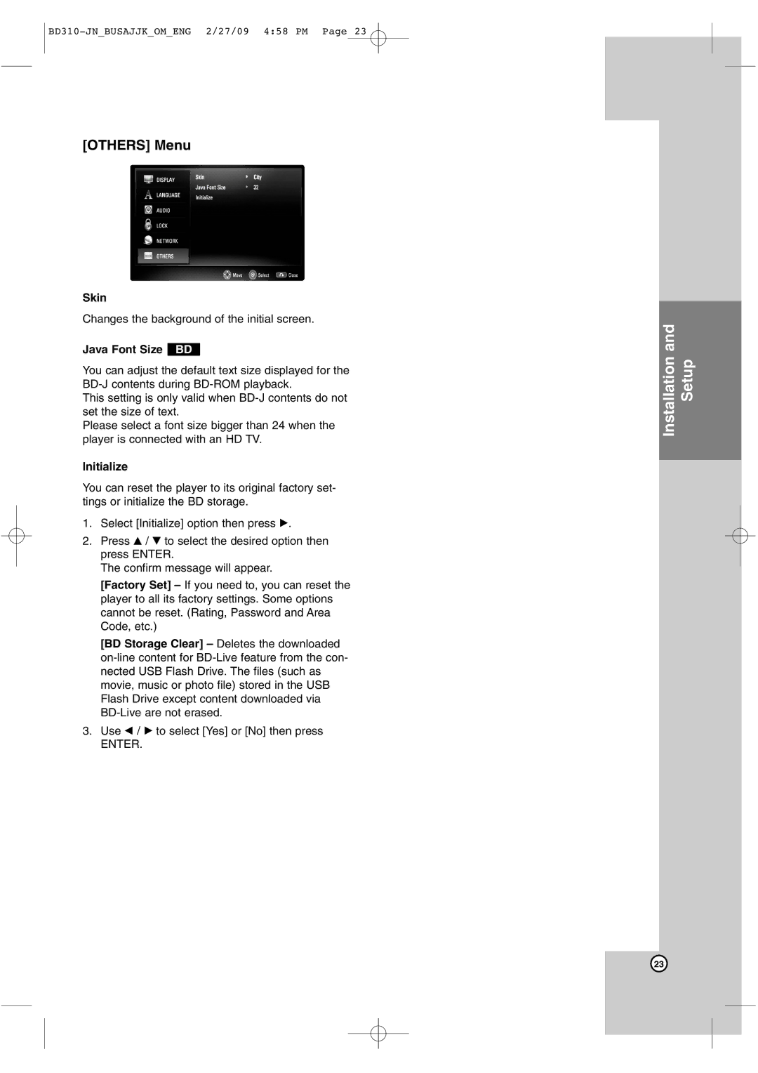 JVC XV-BP1 manual Others Menu, Skin, Java Font Size BD, Initialize 