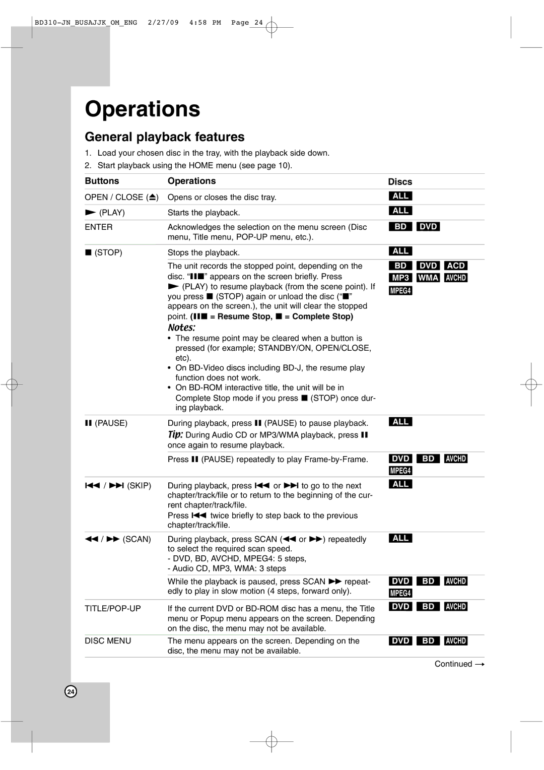 JVC XV-BP1 manual General playback features, Point. Xx = Resume Stop, x = Complete Stop 