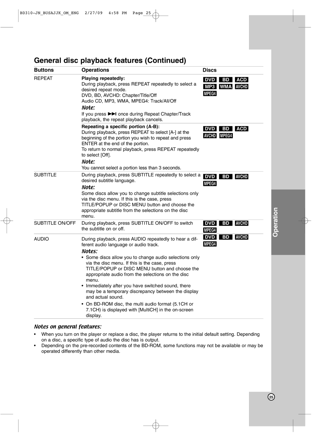 JVC XV-BP1 manual General disc playback features, Playing repeatedly, Repeating a specific portion A-B 