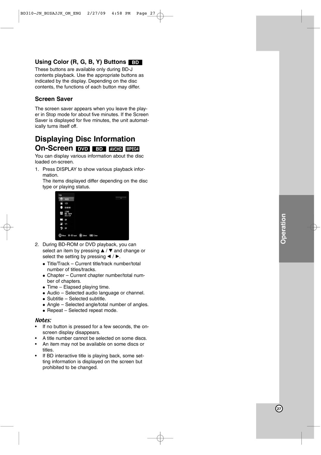 JVC XV-BP1 manual Displaying Disc Information, Using Color R, G, B, Y Buttons BD, Screen Saver 