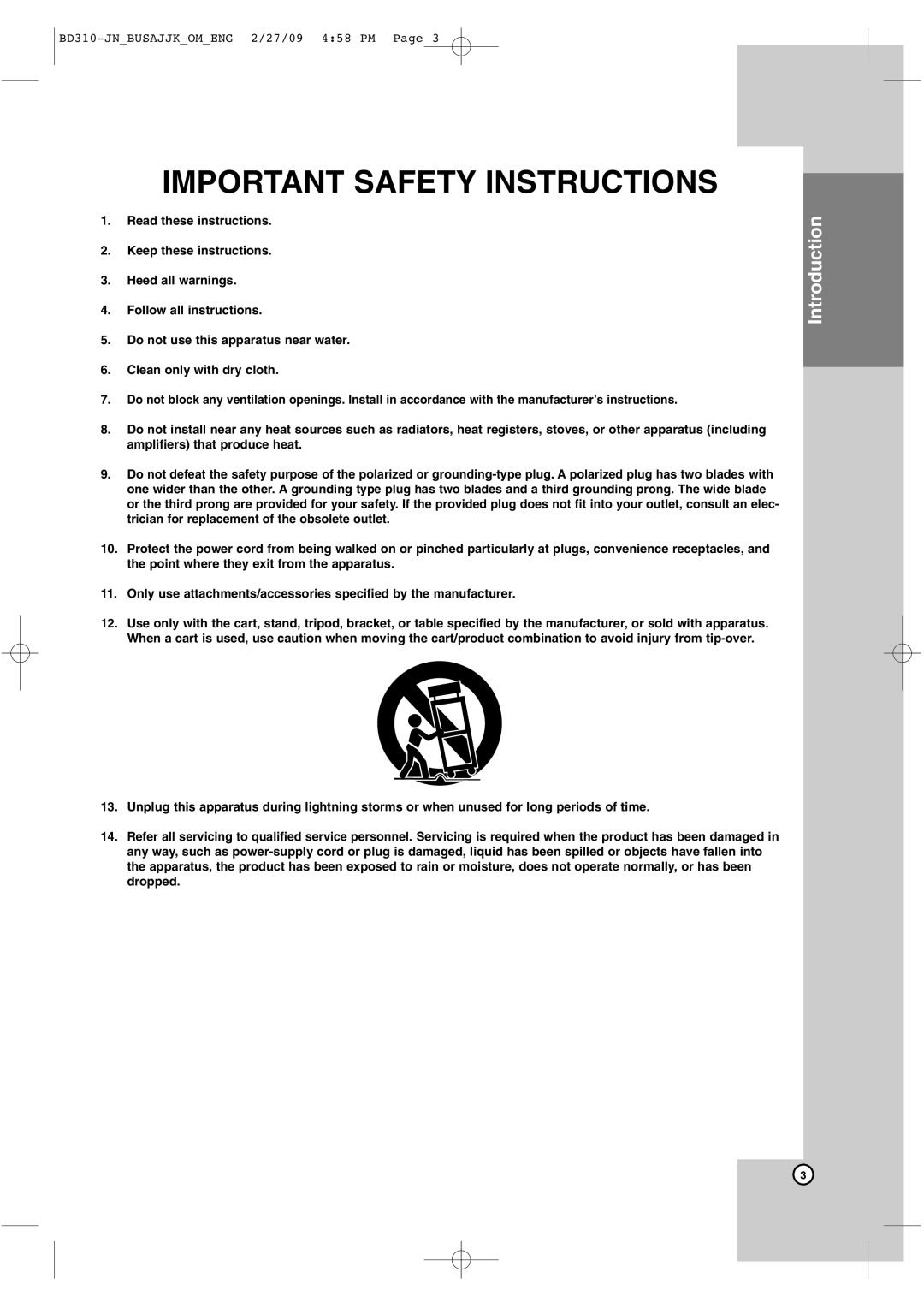 JVC XV-BP1 manual Important Safety Instructions 