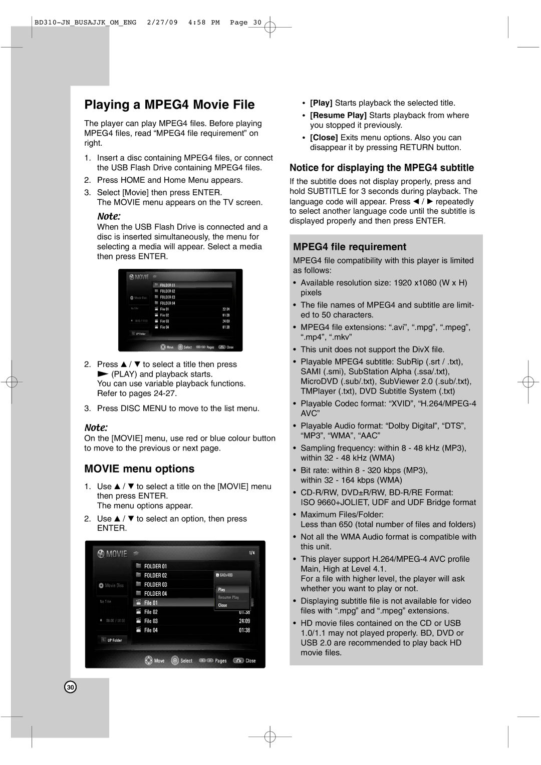 JVC XV-BP1 manual Playing a MPEG4 Movie File, MPEG4 file requirement 