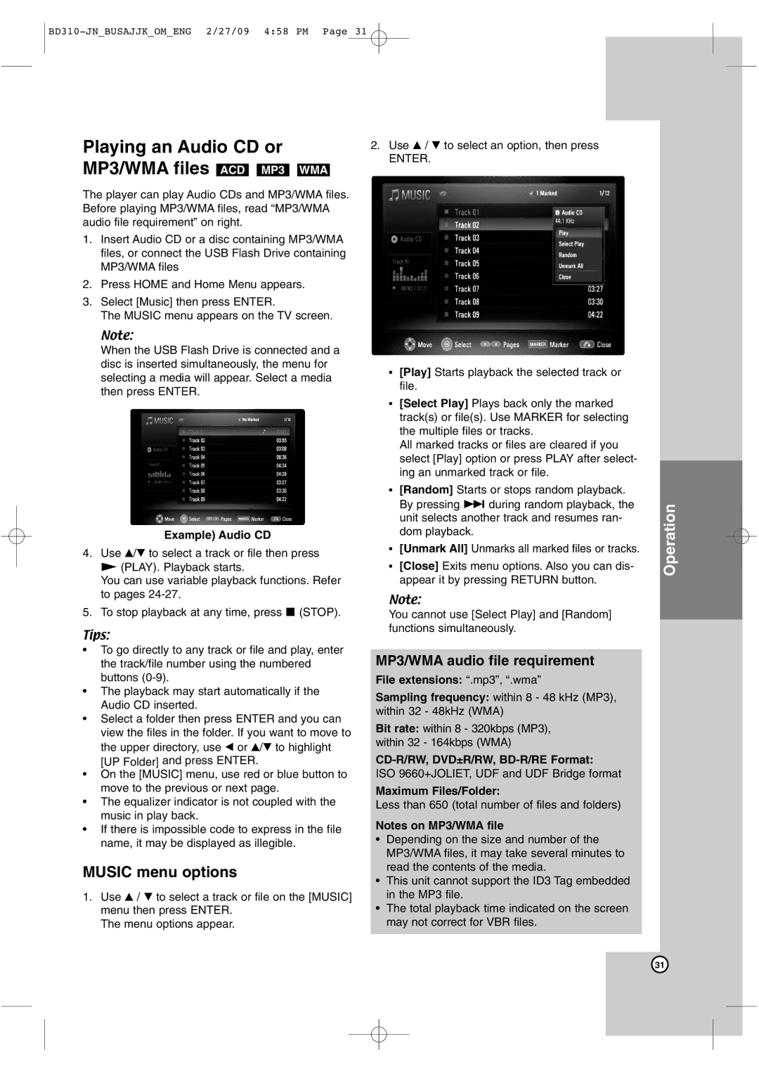 JVC XV-BP1 MP3/WMA audio file requirement, Example Audio CD, File extensions .mp3, .wma, CD-R/RW, DVD±R/RW, BD-R/RE Format 