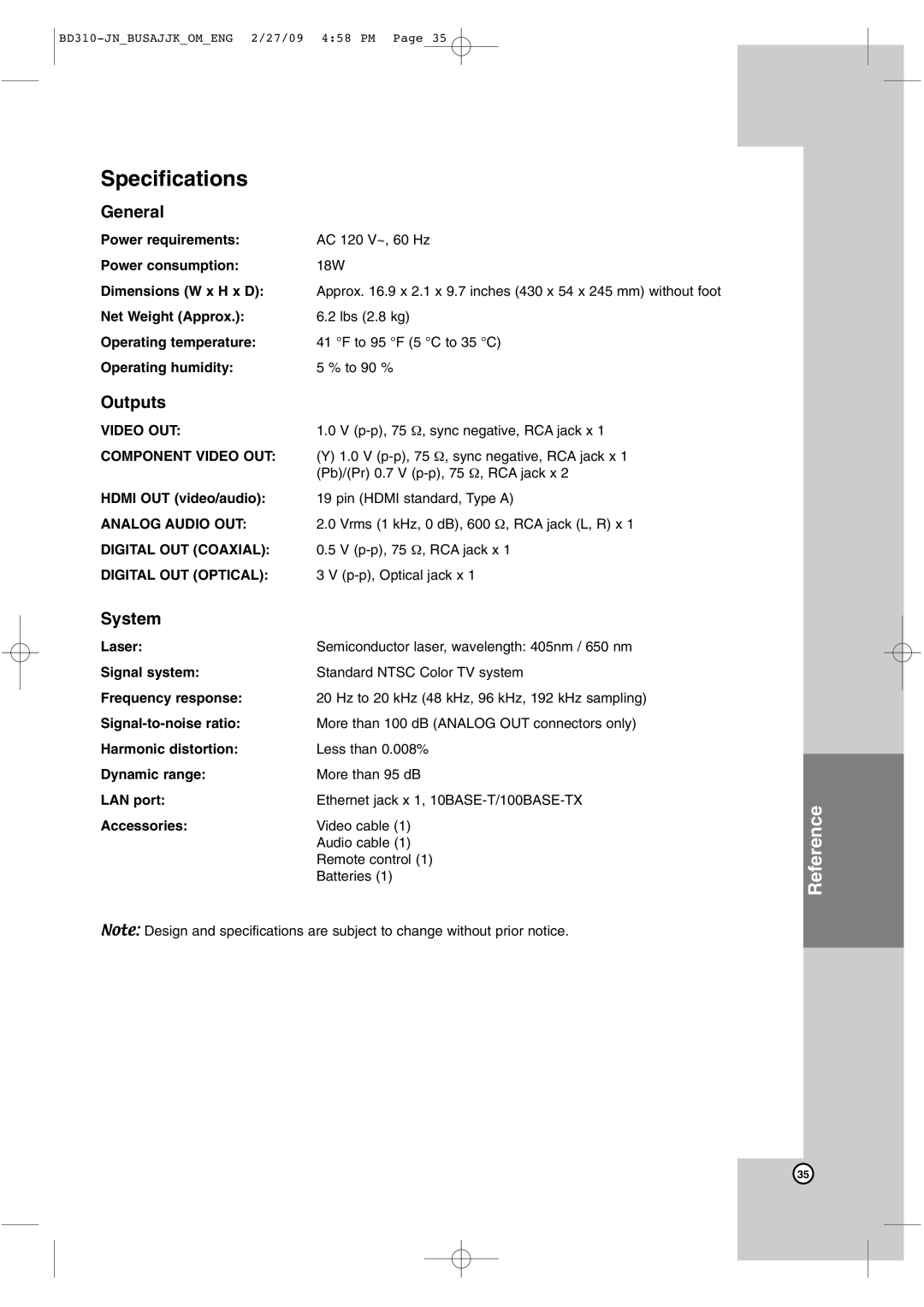 JVC XV-BP1 manual Specifications, General, Outputs, System, Hdmi OUT video/audio 