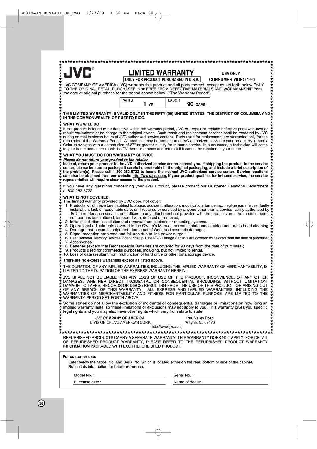 JVC XV-BP1 manual BD310-JNBUSAJJKOMENG 2/27/09 458 PM 