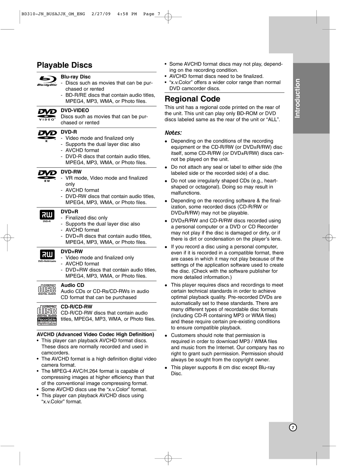 JVC XV-BP1 manual Playable Discs, Regional Code, Blu-ray Disc, Audio CD, Avchd Advanced Video Codec High Definition 