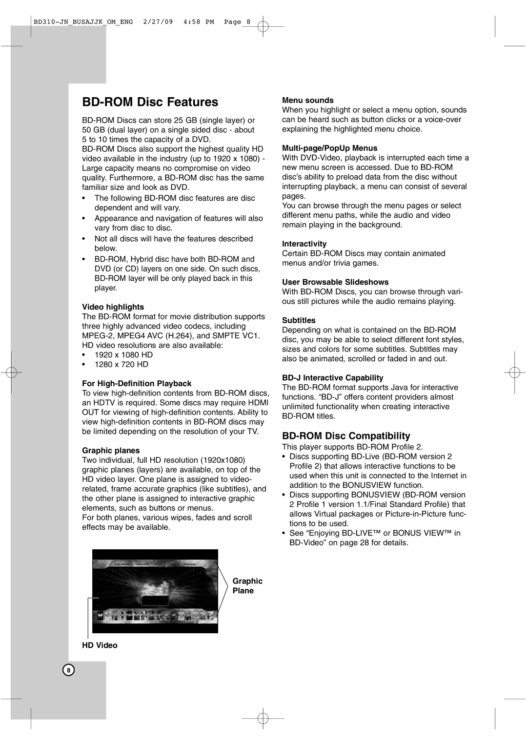 JVC XV-BP1 manual BD-ROM Disc Features, BD-ROM Disc Compatibility 