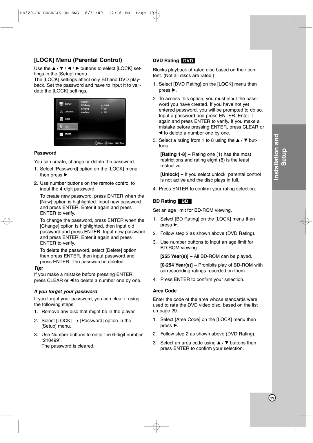 JVC XV-BP10, XV-BP11, LVT2101-001A manual Lock Menu Parental Control, Password, DVD Rating DVD, BD Rating BD, Area Code 