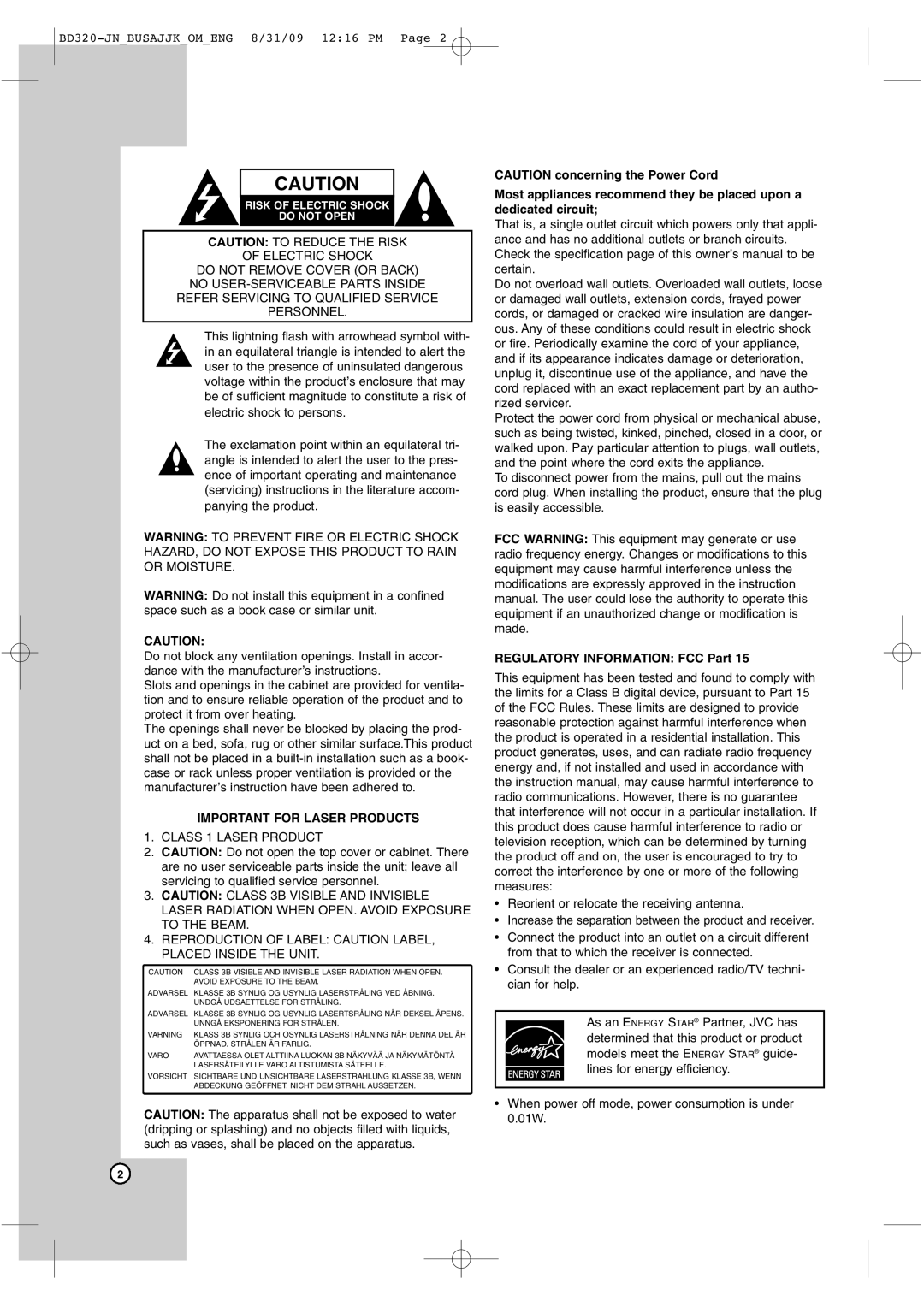 JVC LVT2101-001A, XV-BP11, XV-BP10 manual Important for Laser Products 