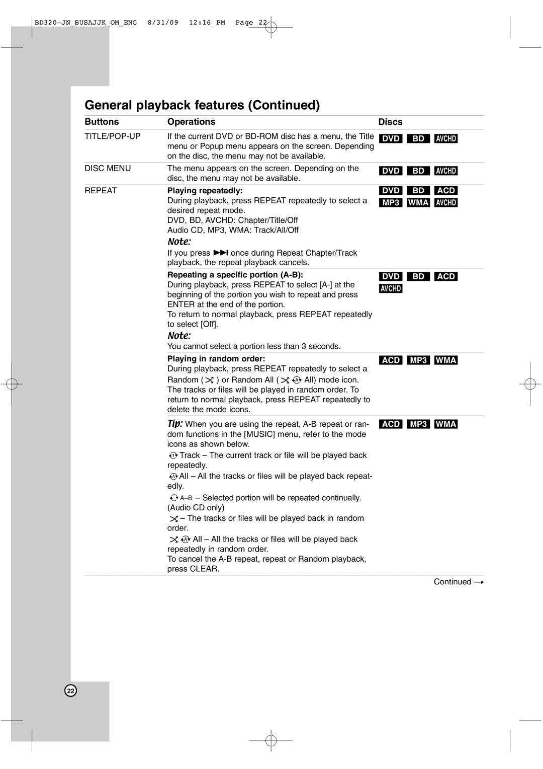 JVC XV-BP10, XV-BP11, LVT2101-001A manual Playing repeatedly, Repeating a specific portion A-B, Playing in random order 