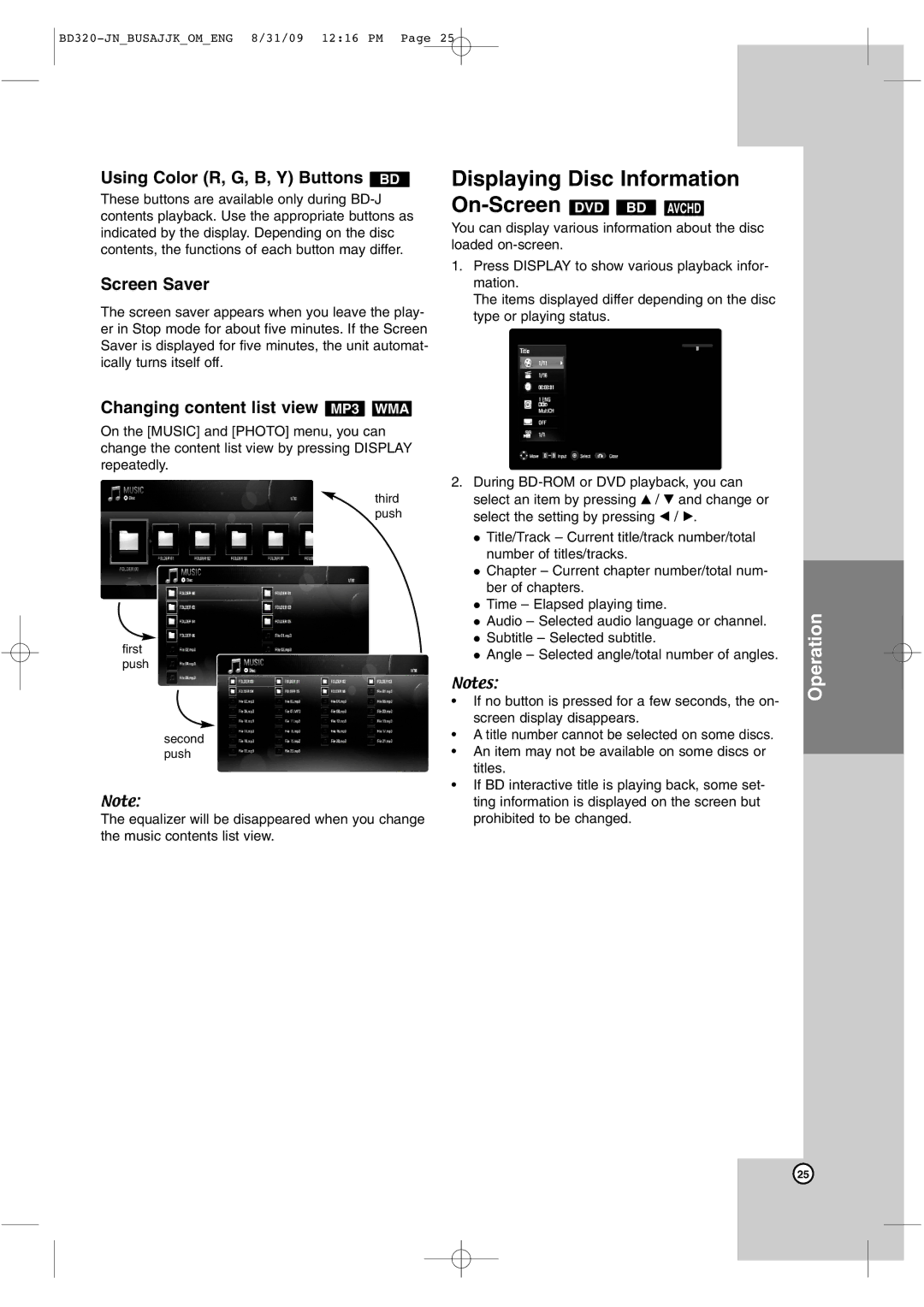 JVC XV-BP10, XV-BP11, LVT2101-001A manual Displaying Disc Information, Using Color R, G, B, Y Buttons BD, Screen Saver 