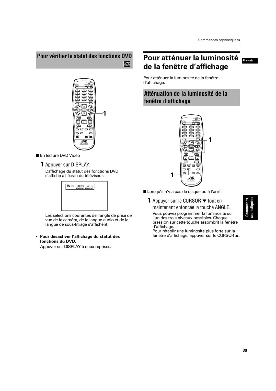 JVC XV-C3SL manual De la fenêtre d’affichage, Atténuation de la luminosité de la fenêtre d’affichage, Appuyer sur Display 