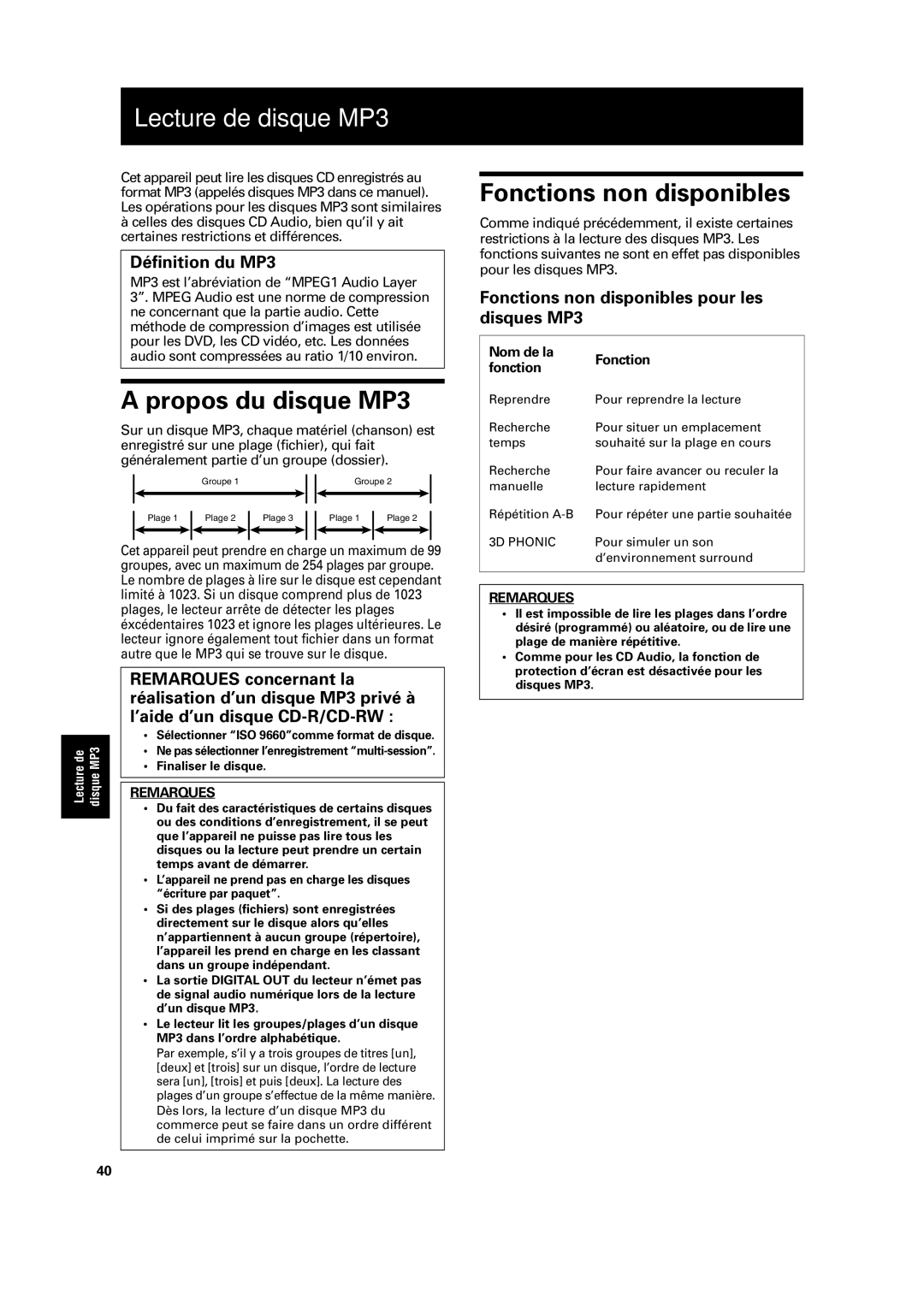 JVC XV-C3SL manual Lecture de disque MP3, Propos du disque MP3, Fonctions non disponibles, Définition du MP3 