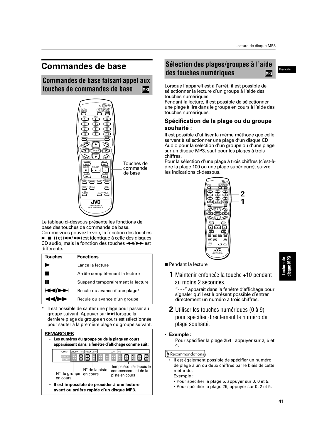 JVC XV-C3SL manual Commandes de base, Spécification de la plage ou du groupe souhaité, De base, Touches Fonctions 