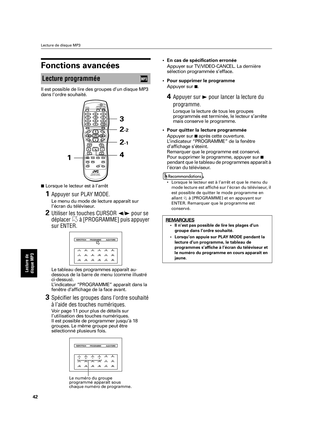 JVC XV-C3SL manual Fonctions avancées, Lecture programmée, Le tableau des programmes apparaît au, Ci-dessus 