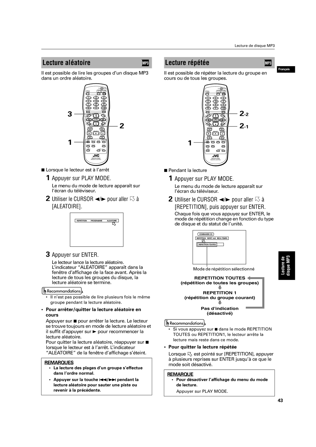 JVC XV-C3SL manual Lecture aléatoire, Lecture répétée, Pour arrêter/quitter la lecture aléatoire en cours 