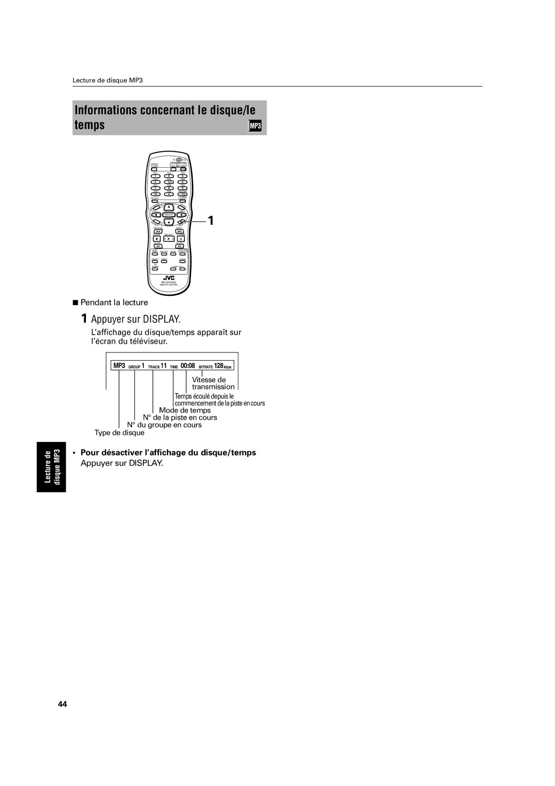 JVC XV-C3SL manual Informations concernant le disque/le temps, Lecture de disque MP3 