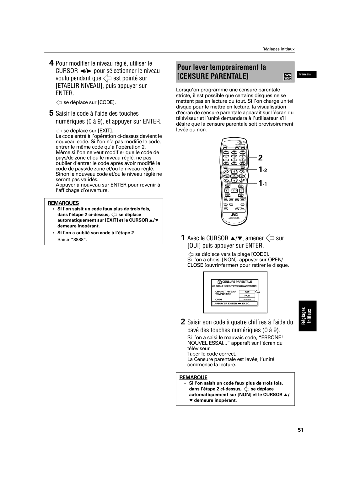 JVC XV-C3SL Pour lever temporairement la, Pavé des touches numériques 0 à, Taper le code correct, ∞ demeure inopérant 