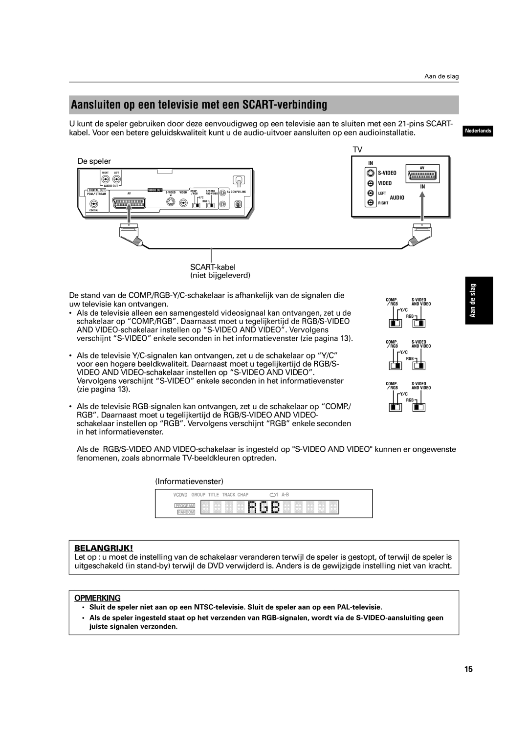 JVC XV-C3SL manual Aansluiten op een televisie met een SCART-verbinding, Opmerking 