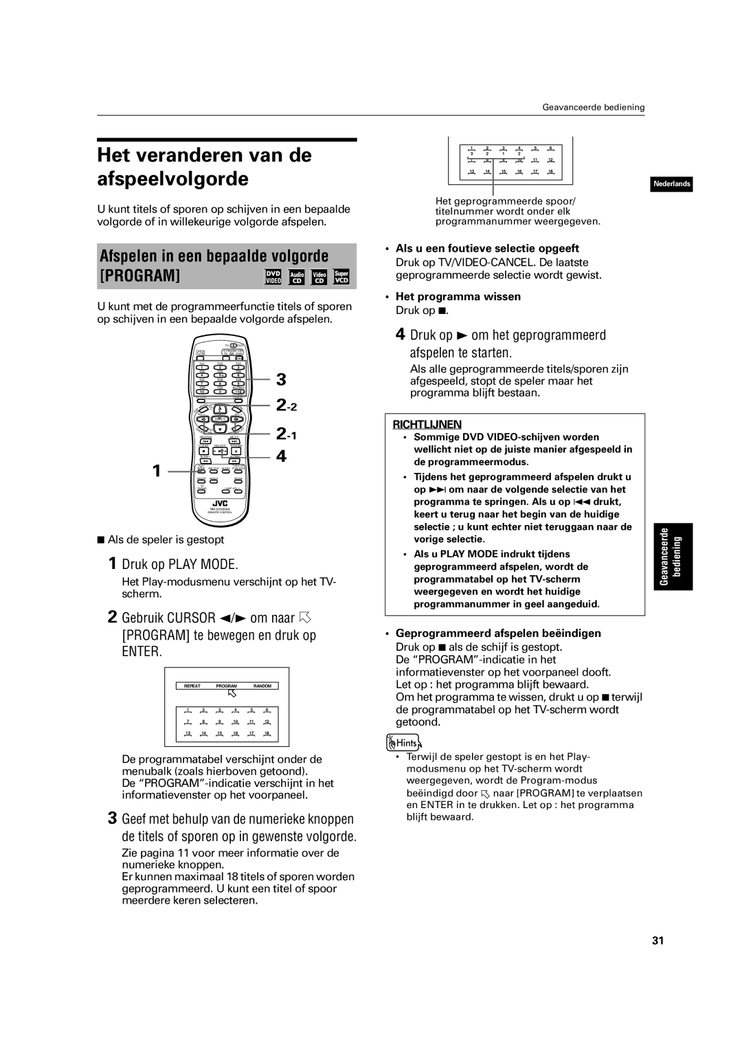 JVC XV-C3SL manual Het veranderen van de afspeelvolgorde, Afspelen in een bepaalde volgorde Program 