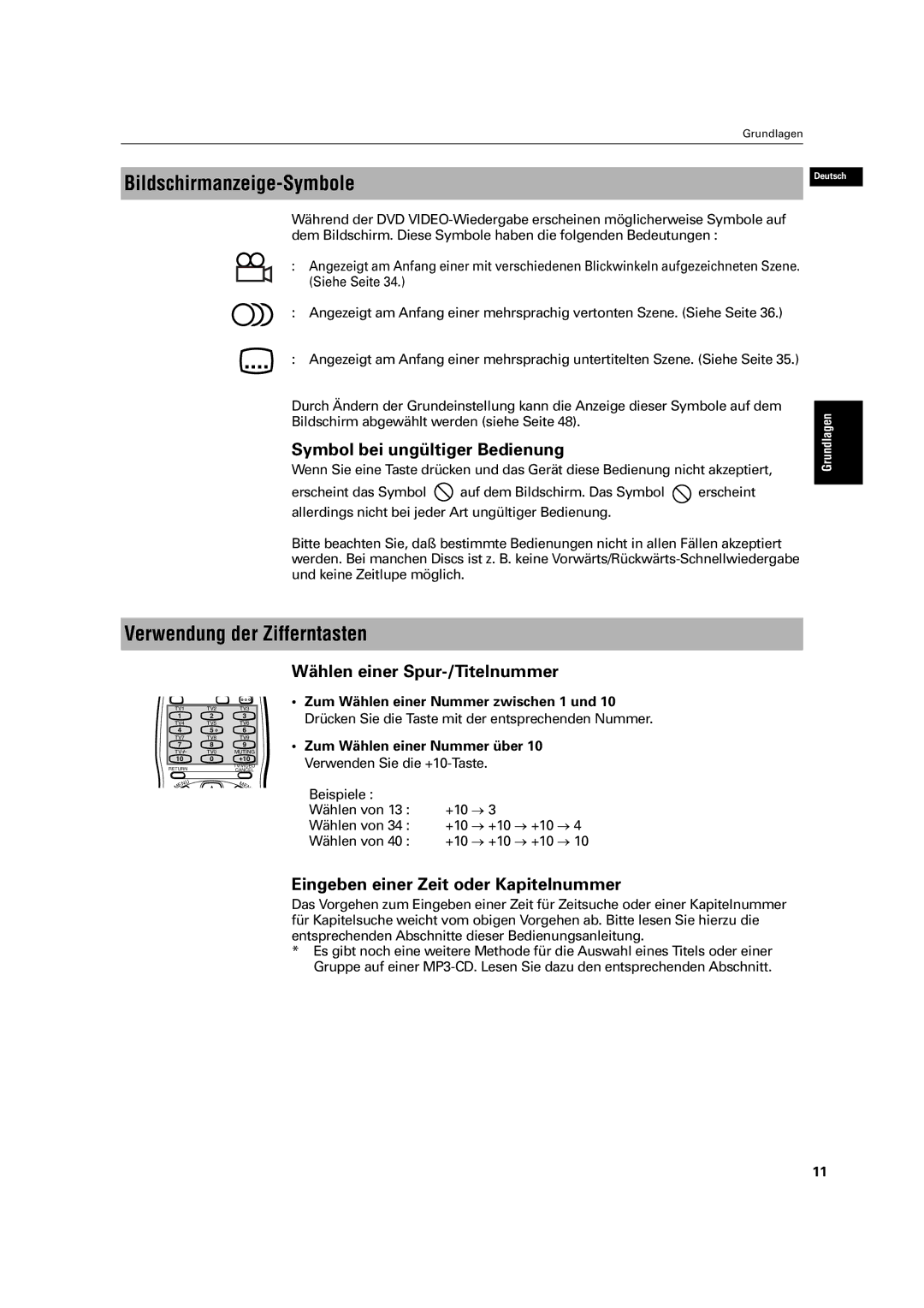 JVC XV-C3SL manual Bildschirmanzeige-Symbole, Verwendung der Zifferntasten, Symbol bei ungültiger Bedienung 