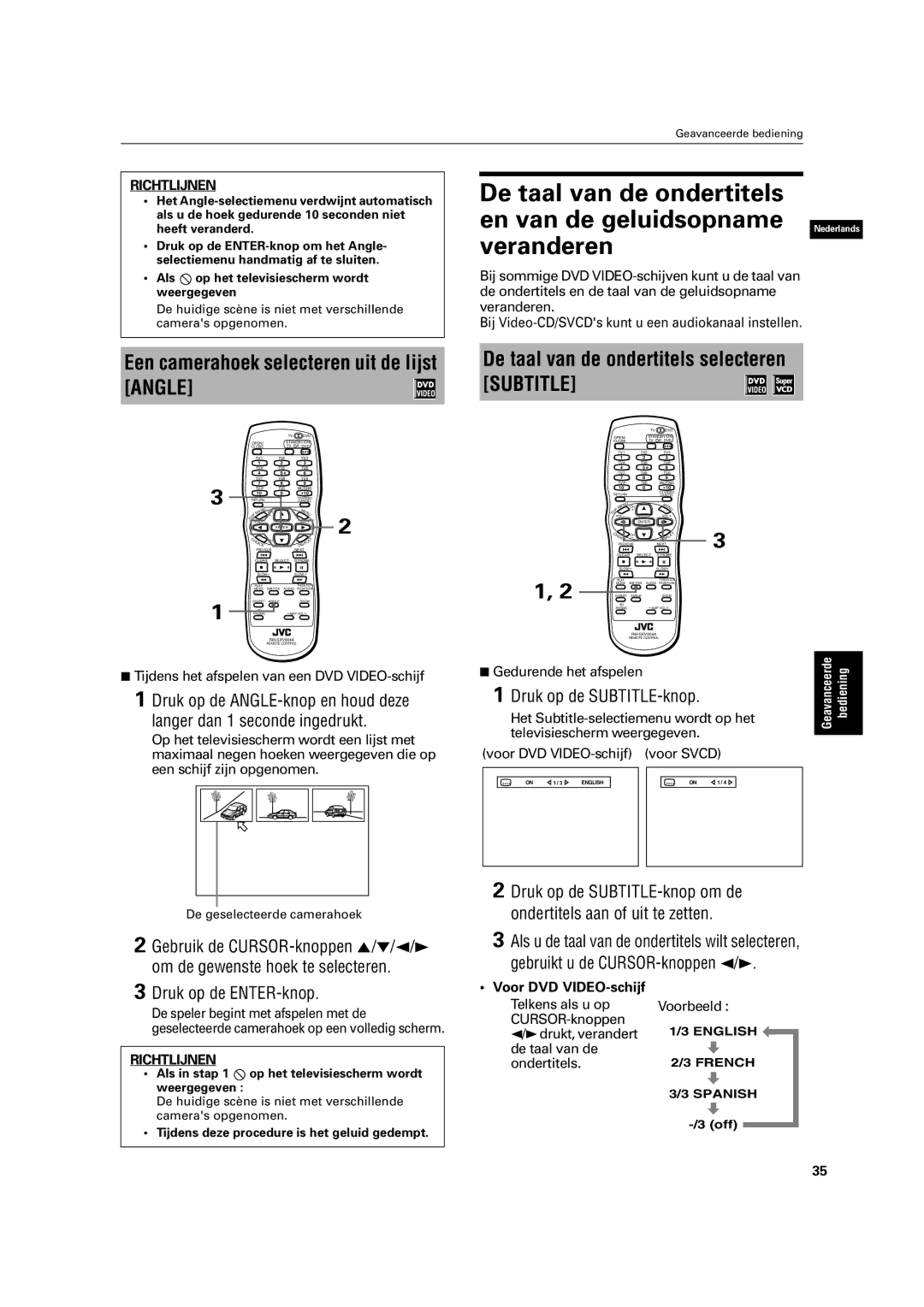 JVC XV-C3SL manual Een camerahoek selecteren uit de lijst Angle, Druk op de SUBTITLE-knop, Voor DVD VIDEO-schijf 