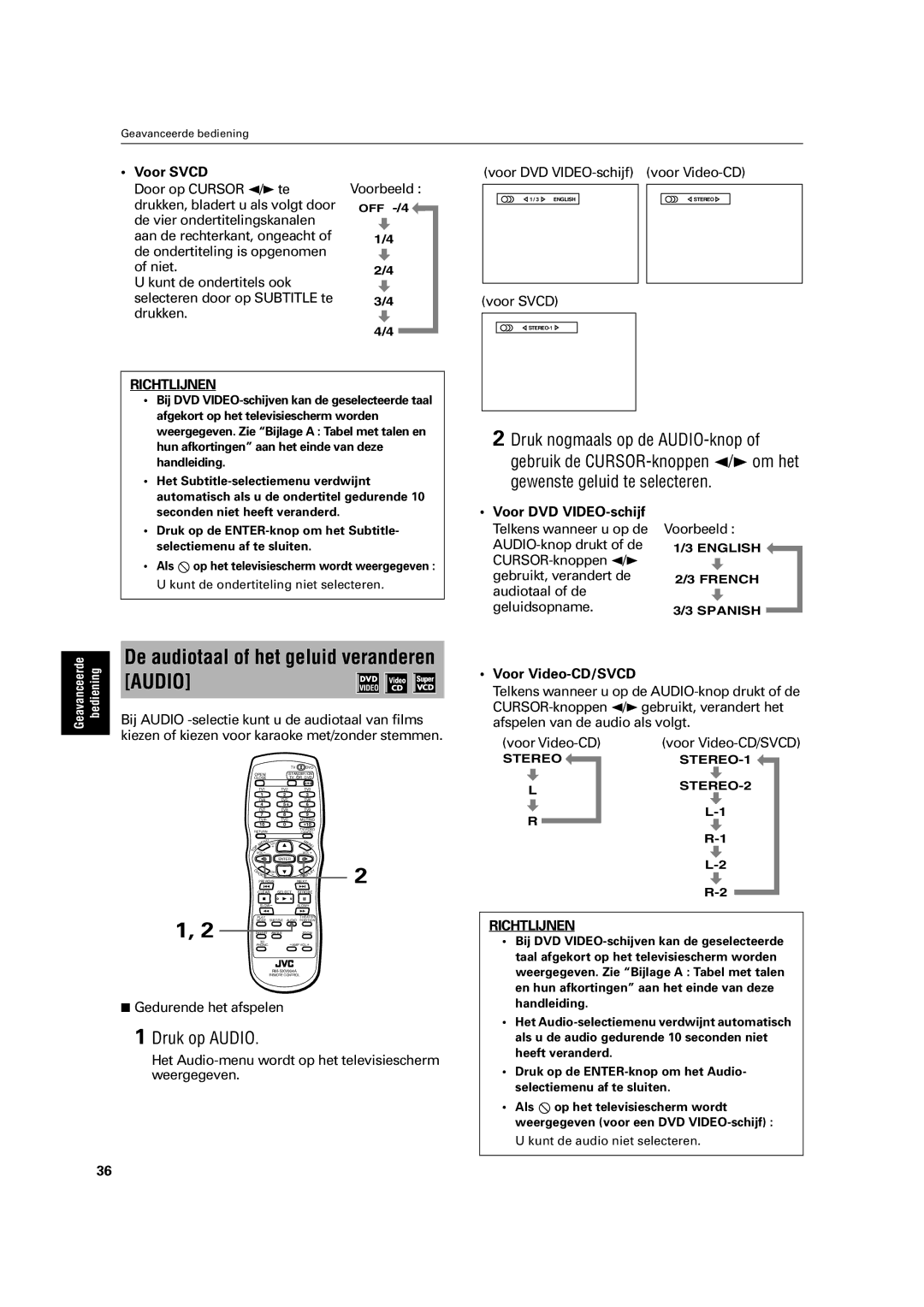 JVC XV-C3SL manual De audiotaal of het geluid veranderen Audio, Druk op Audio, Voor Svcd, Voor Video-CD 