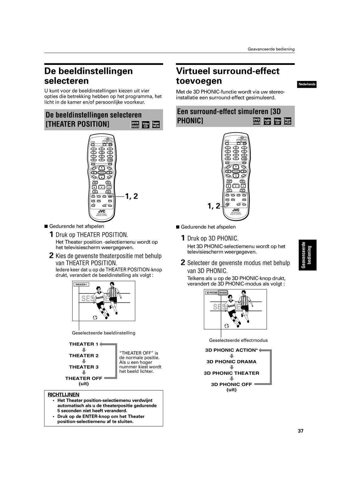 JVC XV-C3SL manual De beeldinstellingen selecteren, Virtueel surround-effect Toevoegen, Een surround-effect simuleren 3D 