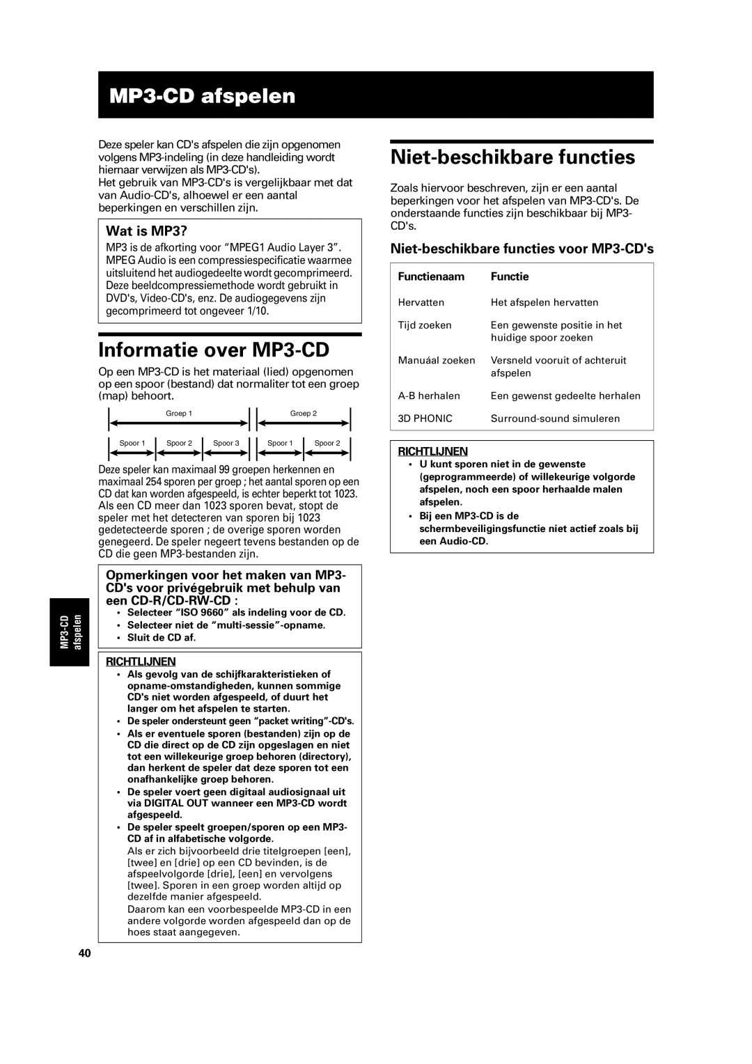 JVC XV-C3SL manual MP3-CD afspelen, Informatie over MP3-CD, Niet-beschikbare functies, Wat is MP3? 