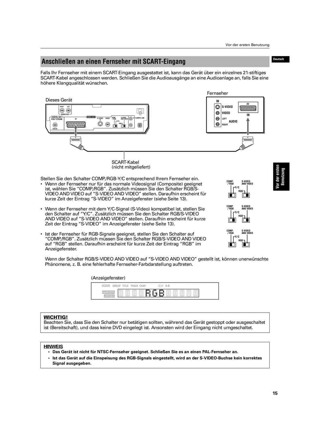 JVC XV-C3SL manual Anschließen an einen Fernseher mit SCART-Eingang, SCART-Kabel nicht mitgeliefert, Hinweis 