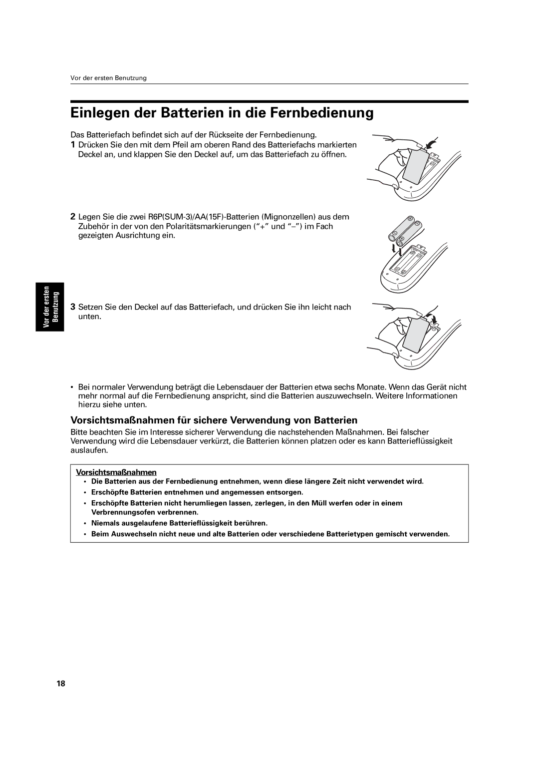 JVC XV-C3SL manual Einlegen der Batterien in die Fernbedienung, Vorsichtsmaßnahmen für sichere Verwendung von Batterien 