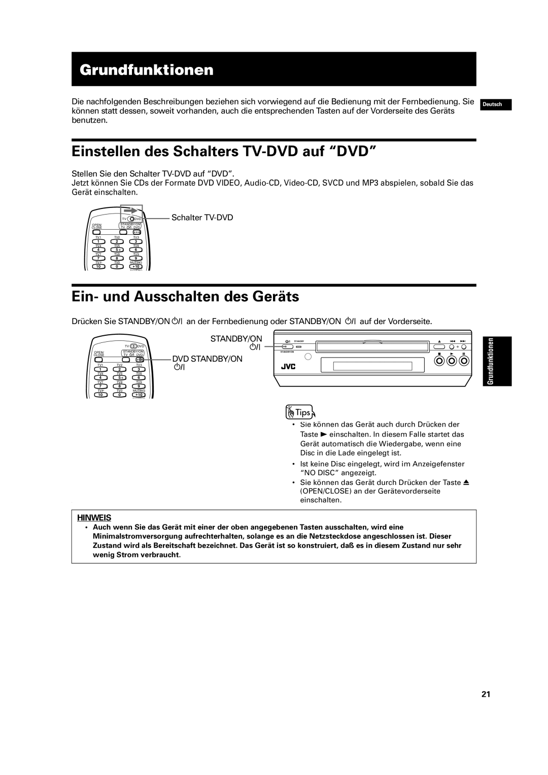 JVC XV-C3SL Grundfunktionen, Einstellen des Schalters TV-DVD auf DVD, Ein- und Ausschalten des Geräts, Schalter TV-DVD 