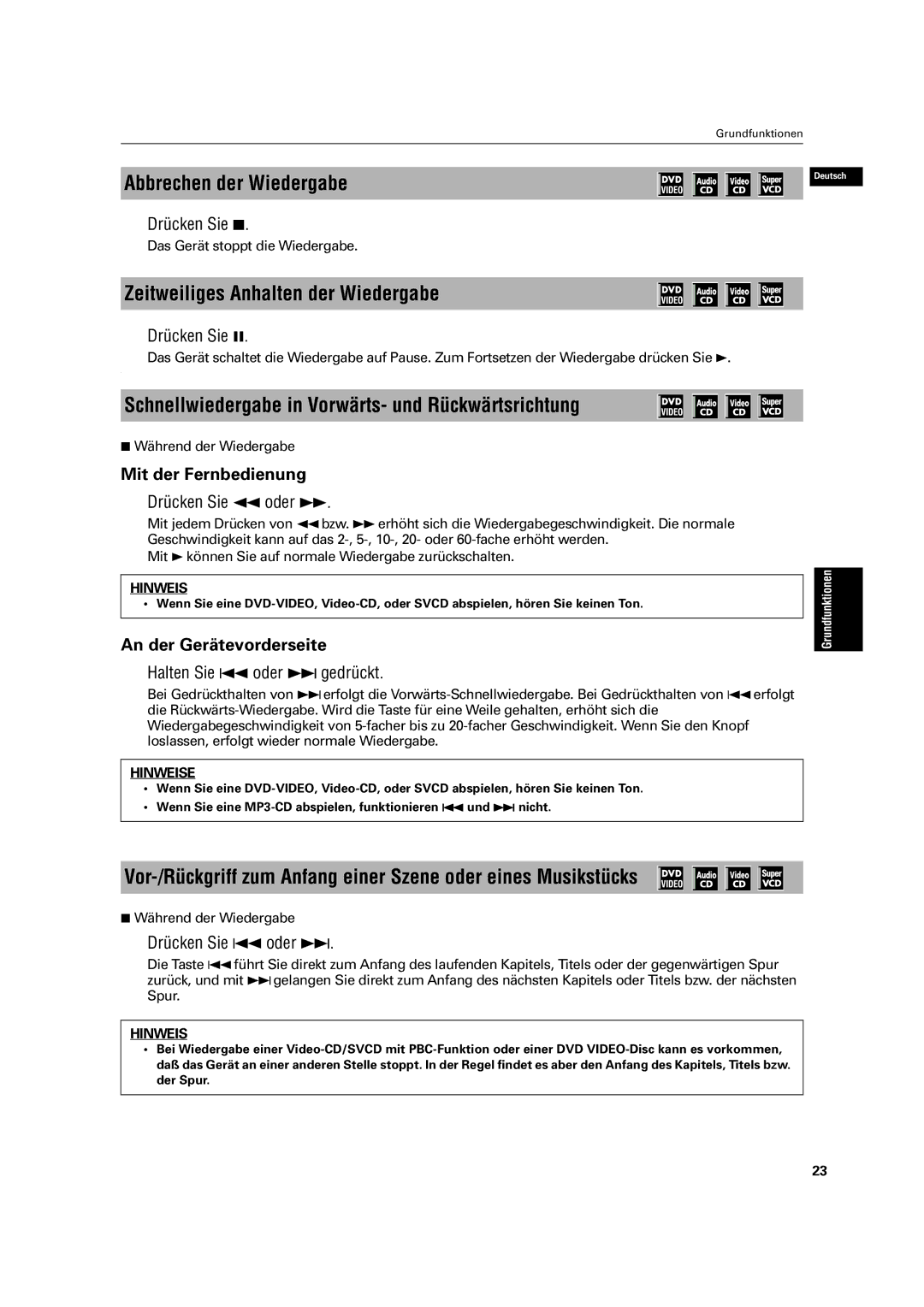 JVC XV-C3SL manual Abbrechen der Wiedergabe, Zeitweiliges Anhalten der Wiedergabe, Mit der Fernbedienung 