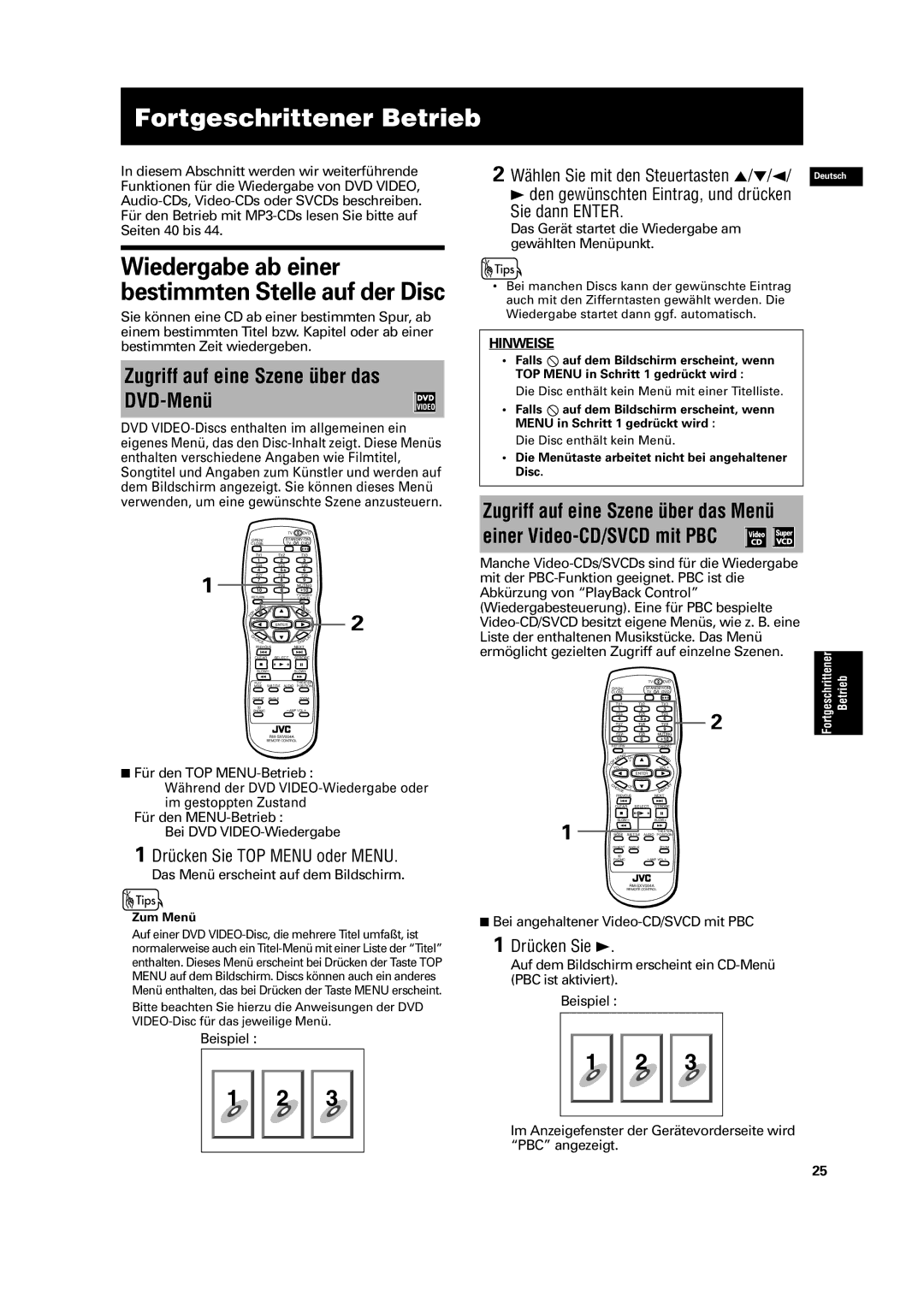 JVC XV-C3SL manual Fortgeschrittener Betrieb, Zugriff auf eine Szene über das DVD-Menü, Sie dann Enter 