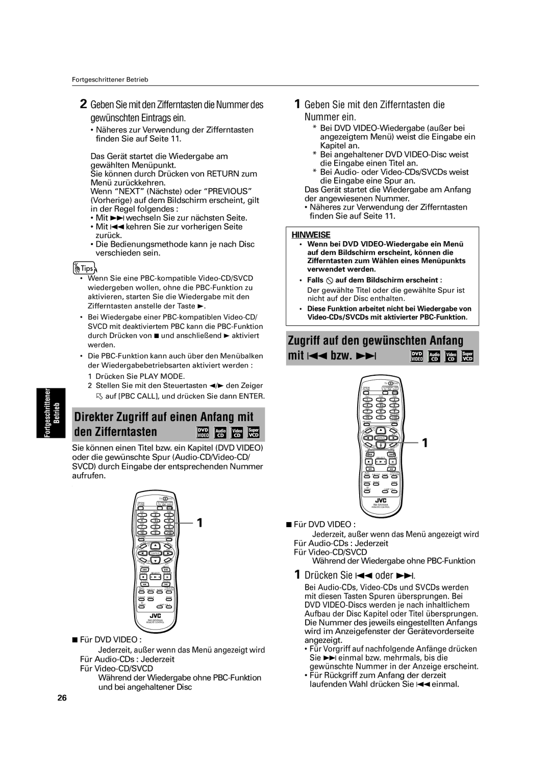 JVC XV-C3SL manual Direkter Zugriff auf einen Anfang mit den Zifferntasten, Zugriff auf den gewünschten Anfang mit 4 bzw. ¢ 