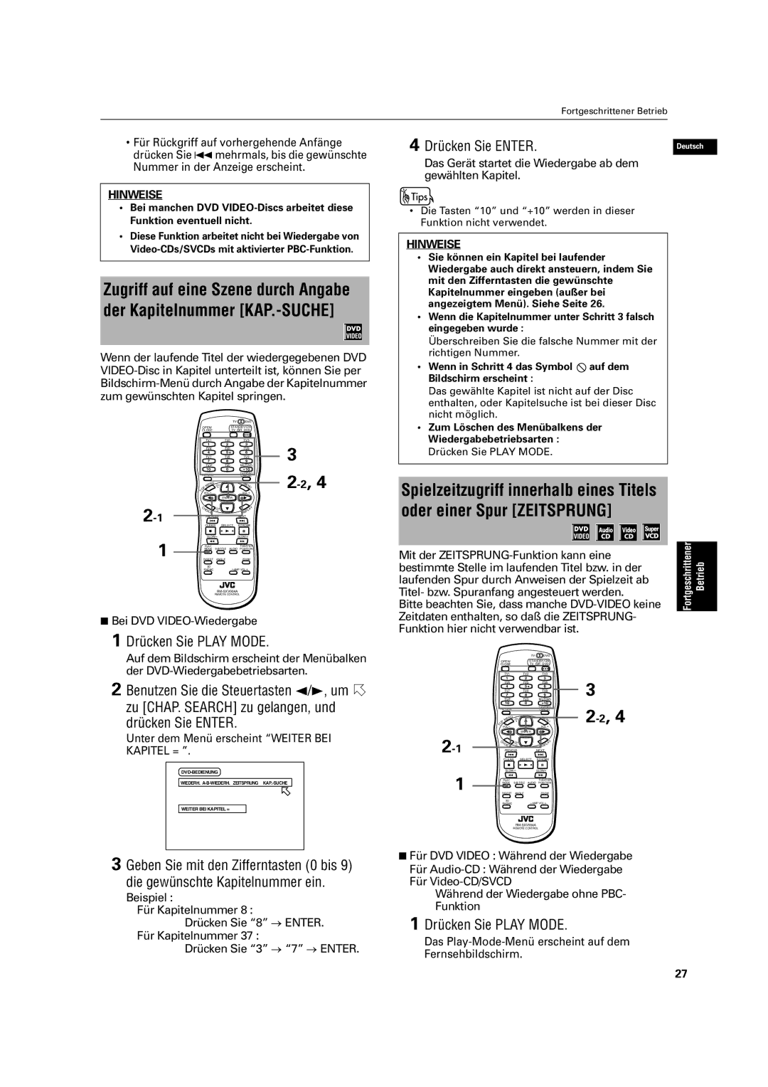 JVC XV-C3SL manual Drücken Sie Play Mode, Drücken Sie Enter, Bitte beachten Sie, dass manche DVD-VIDEO keine 