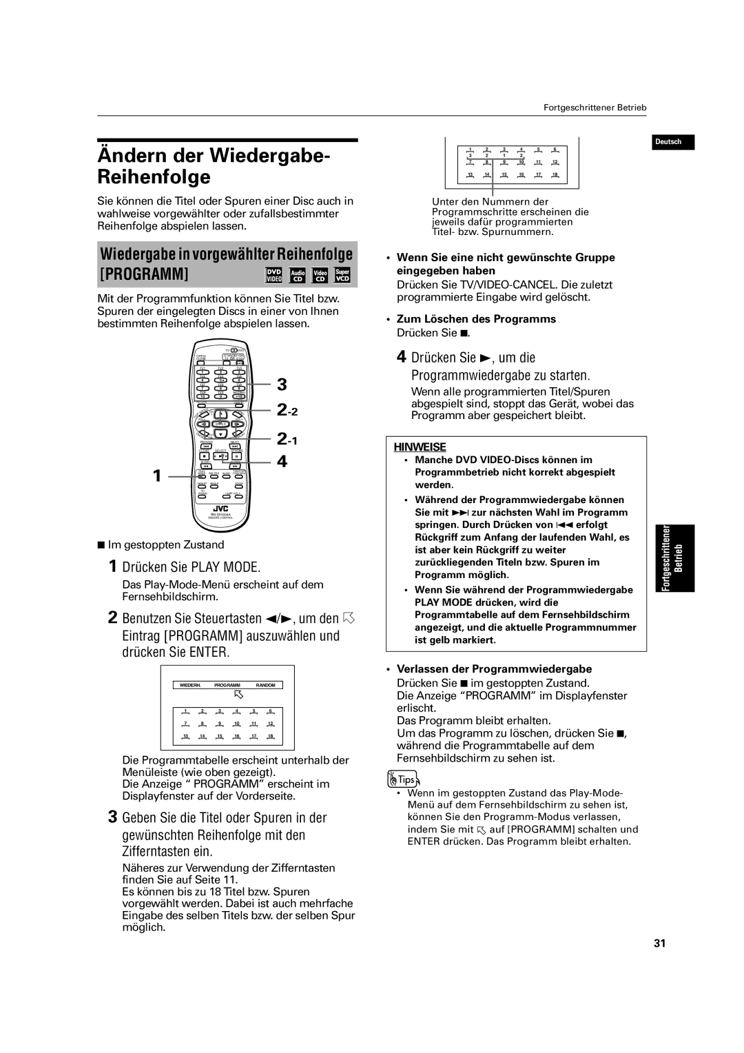 JVC XV-C3SL Ändern der Wiedergabe- Reihenfolge, Zifferntasten ein, Drücken Sie 3, um die Programmwiedergabe zu starten 