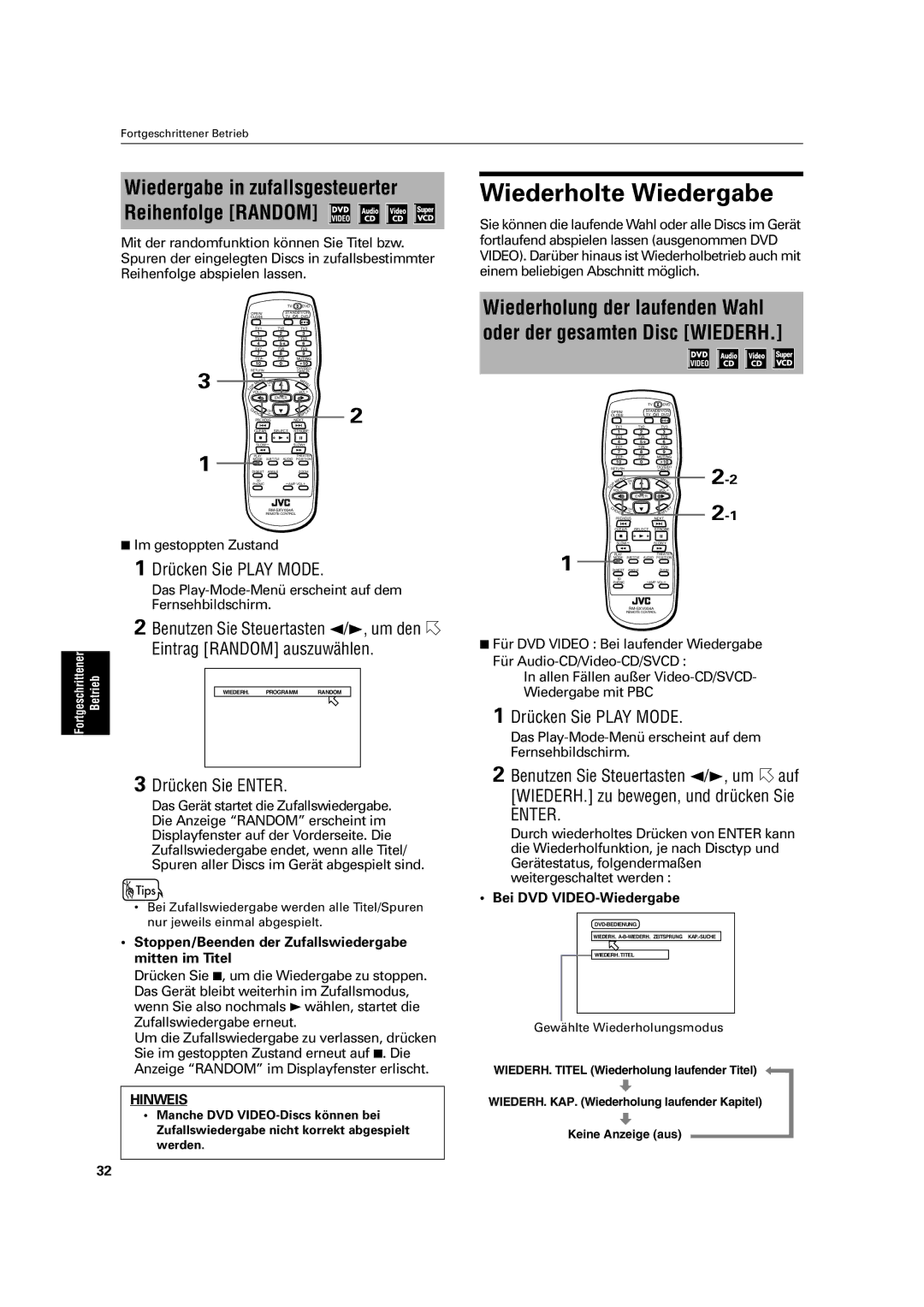 JVC XV-C3SL manual Wiederholte Wiedergabe, Wiedergabe in zufallsgesteuerter Reihenfolge Random, Eintrag Random auszuwählen 