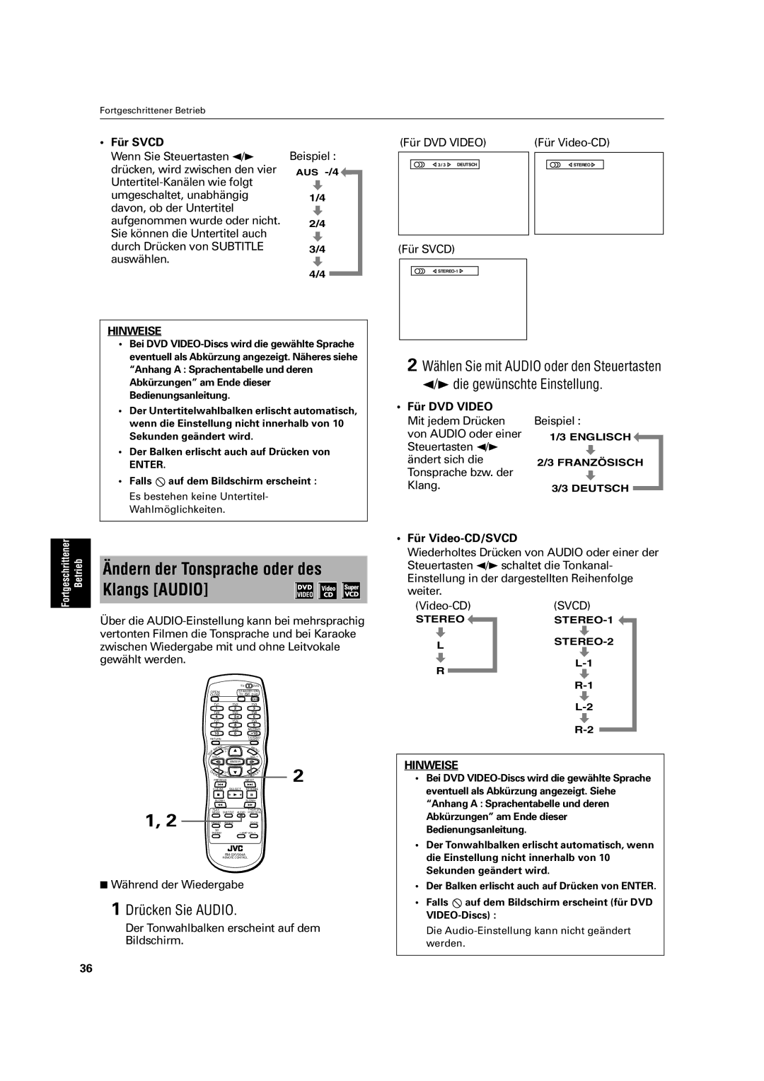 JVC XV-C3SL manual Ändern der Tonsprache oder des Klangs Audio, Drücken Sie Audio, Für Svcd 