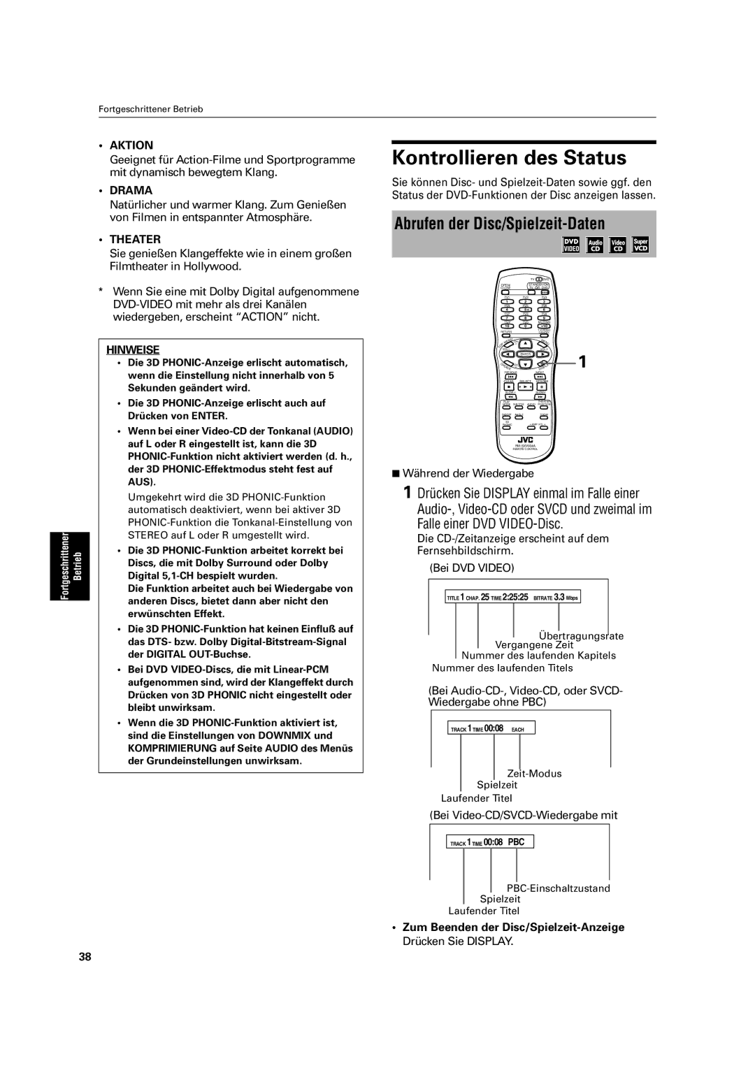 JVC XV-C3SL manual Kontrollieren des Status, Abrufen der Disc/Spielzeit-Daten, Falle einer DVD VIDEO-Disc 