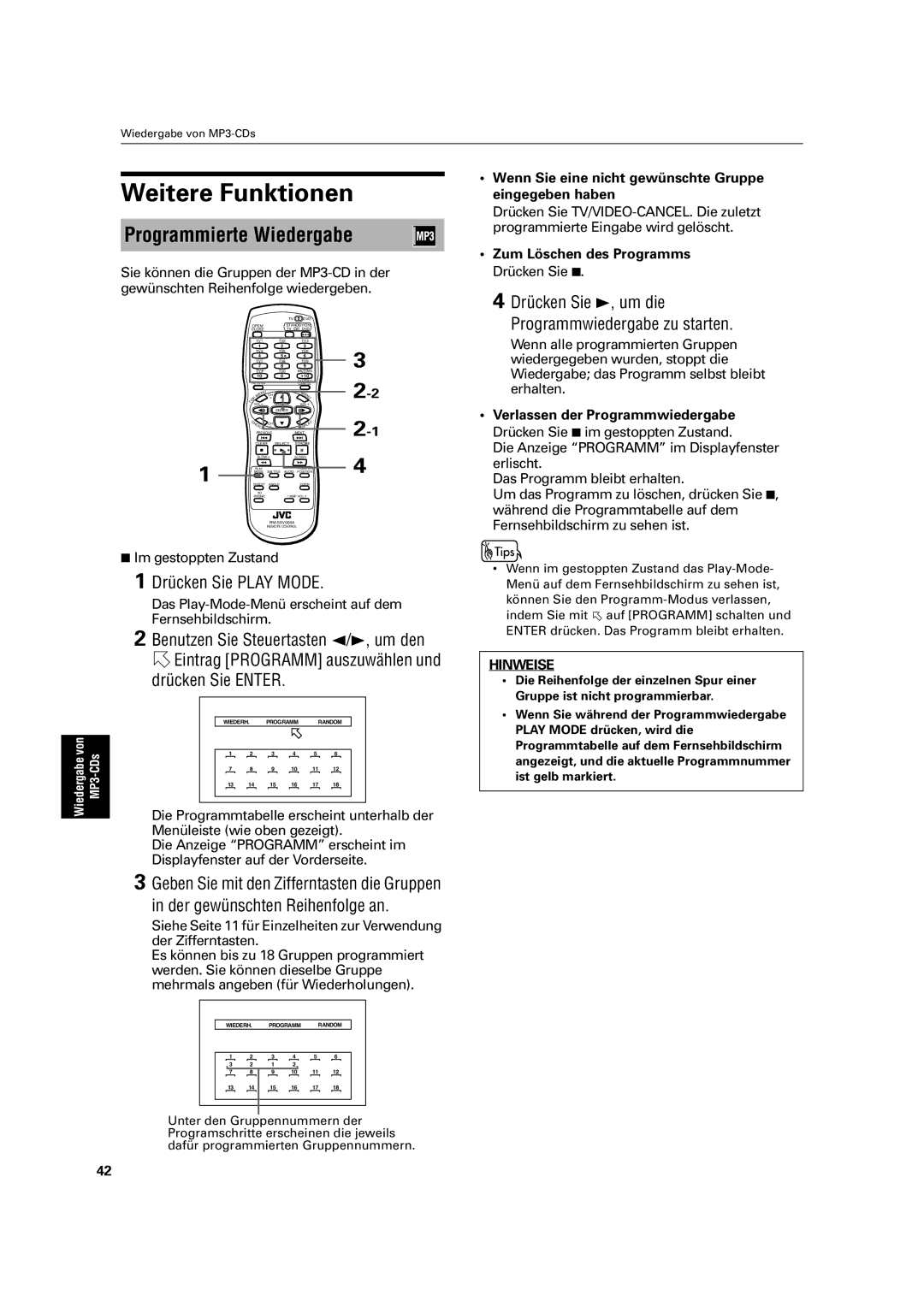 JVC XV-C3SL manual Weitere Funktionen, Programmierte Wiedergabe, Benutzen Sie Steuertasten 2/3, um den 