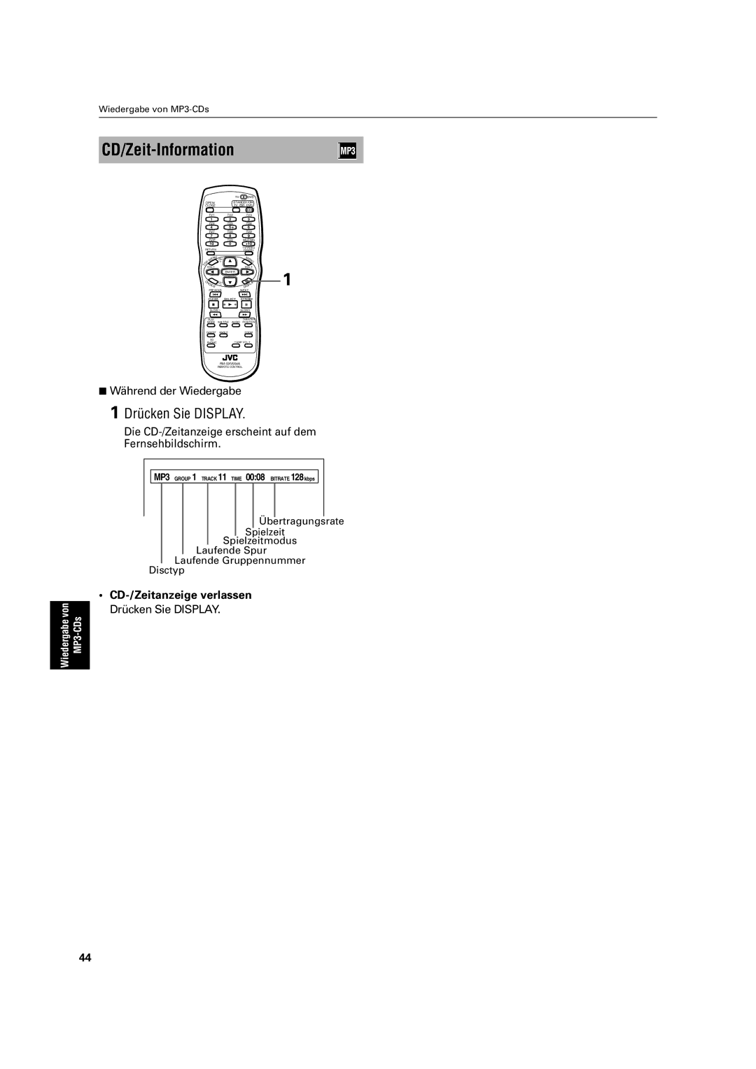 JVC XV-C3SL manual CD/Zeit-Information, Die CD-/Zeitanzeige erscheint auf dem Fernsehbildschirm 