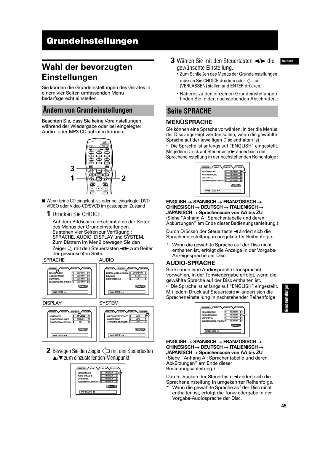 JVC XV-C3SL manual Wahl der bevorzugten Einstellungen, Ändern von Grundeinstellungen, Seite Sprache 