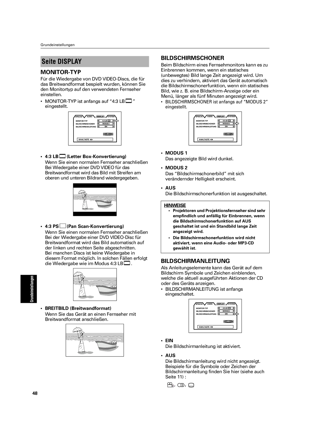 JVC XV-C3SL manual Seite Display, Monitor-Typ, Bildschirmschoner, Bildschirmanleitung, Modus 