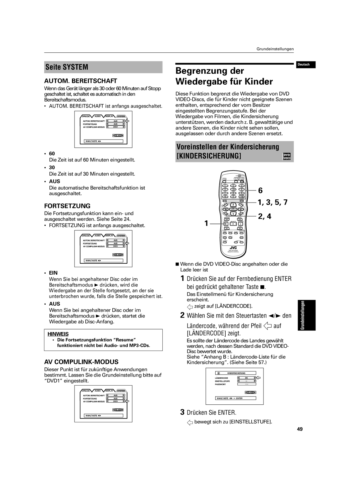 JVC XV-C3SL manual Begrenzung der Wiedergabe für Kinder, Seite System, Voreinstellen der Kindersicherung 