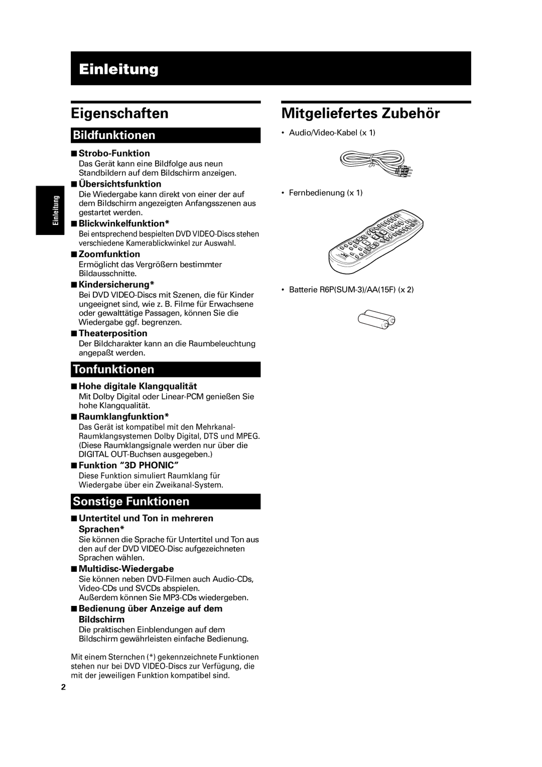 JVC XV-C3SL manual Einleitung, Eigenschaften, Mitgeliefertes Zubehör 